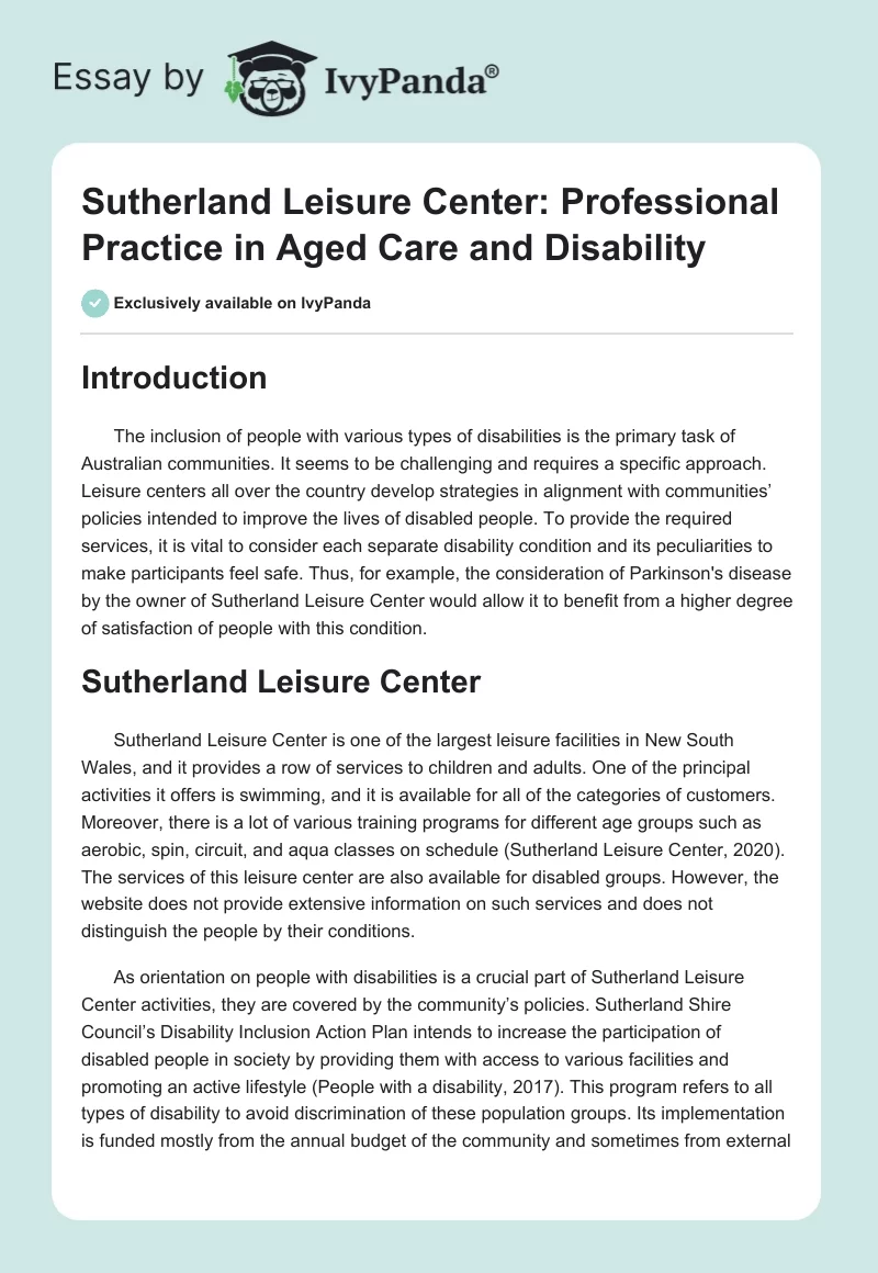 Sutherland Leisure Center: Professional Practice in Aged Care and Disability. Page 1