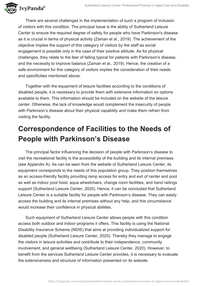 Sutherland Leisure Center: Professional Practice in Aged Care and Disability. Page 3