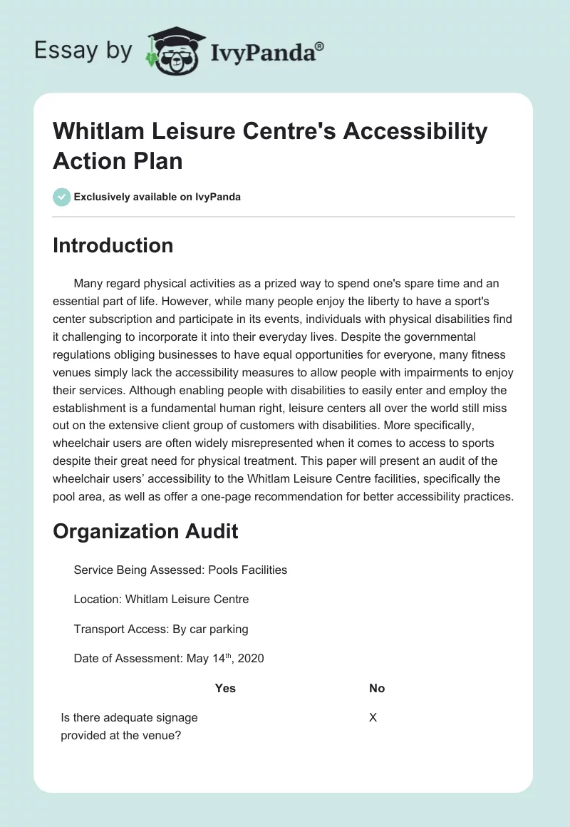 Whitlam Leisure Centre's Accessibility Action Plan. Page 1