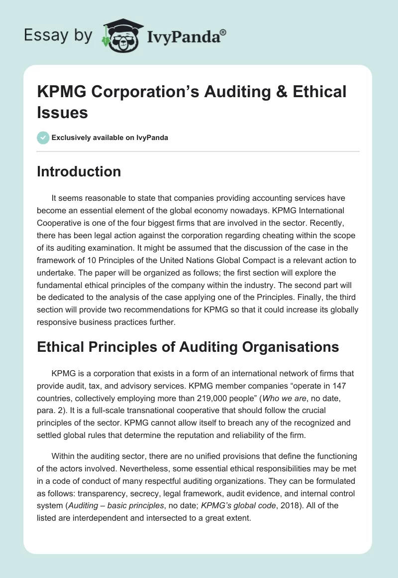 KPMG Corporation’s Auditing & Ethical Issues. Page 1