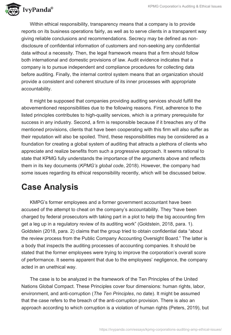 KPMG Corporation’s Auditing & Ethical Issues. Page 2