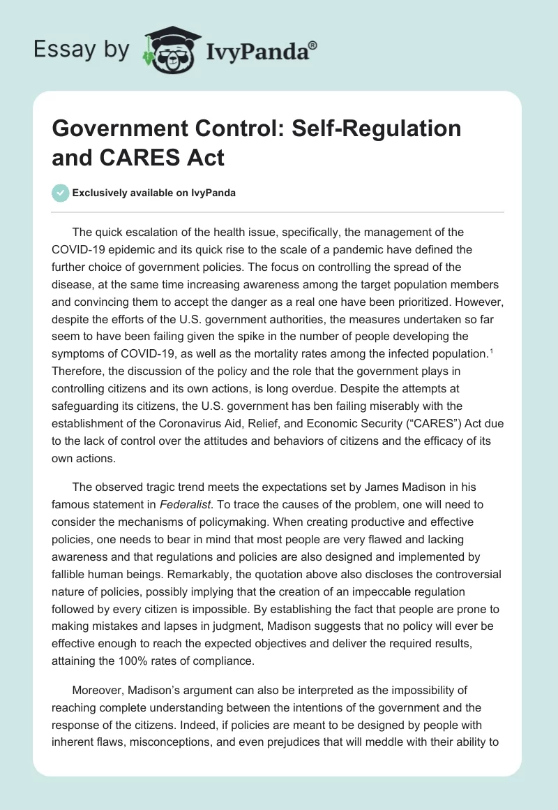 Government Control: Self-Regulation and CARES Act. Page 1