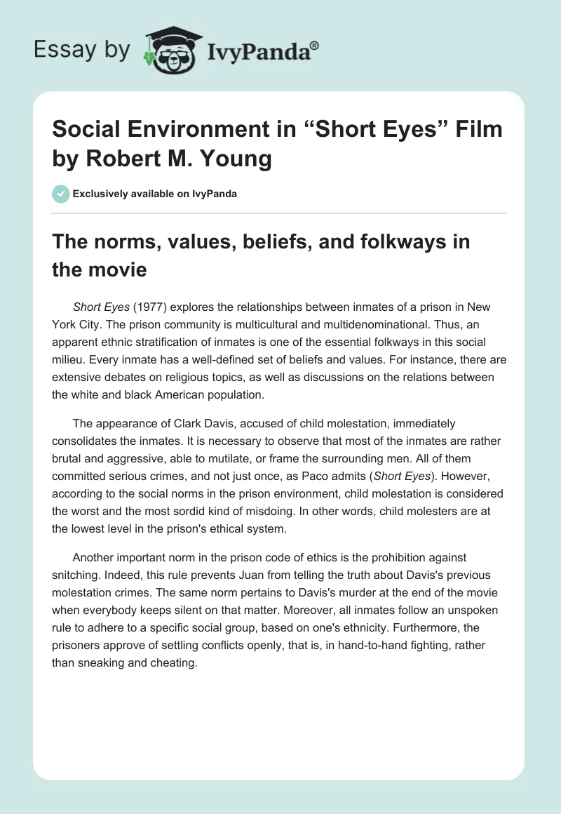 Social Environment in “Short Eyes” Film by Robert M. Young. Page 1