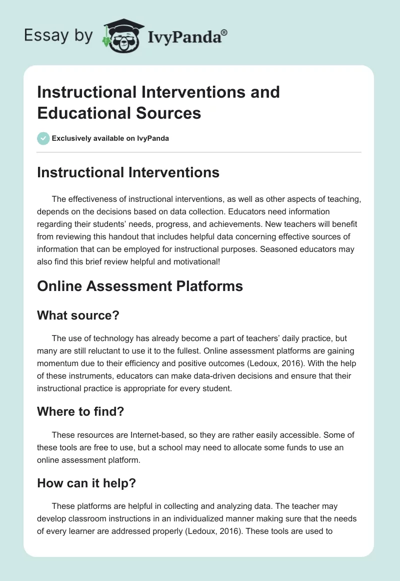 Instructional Interventions and Educational Sources. Page 1