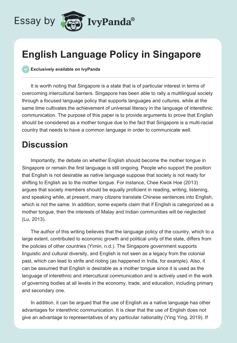 English Language Policy in Singapore. Page 1
