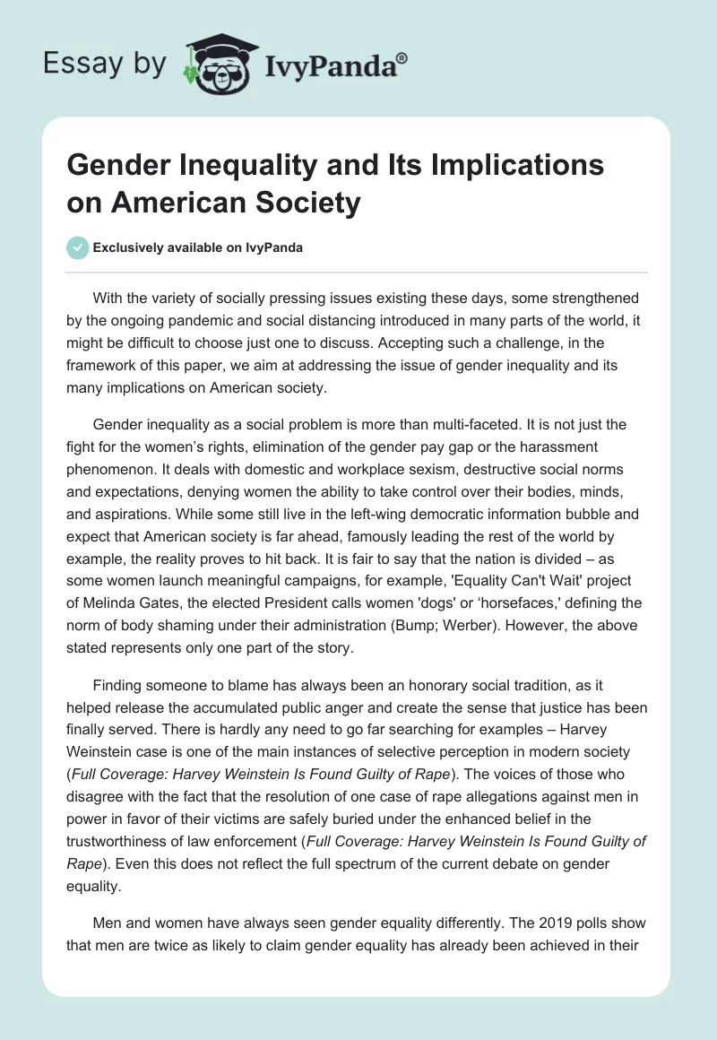 Gender Inequality and Its Implications on American Society. Page 1