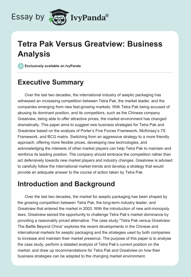 Tetra Pak Versus Greatview: Business Analysis. Page 1
