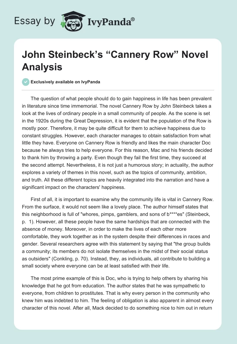 John Steinbeck’s “Cannery Row” Novel Analysis. Page 1
