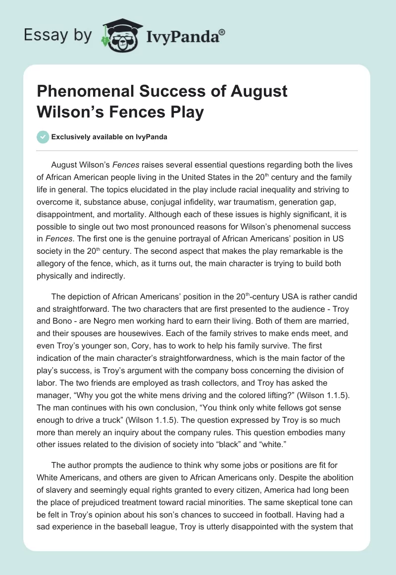 Phenomenal Success of August Wilson’s Fences Play. Page 1