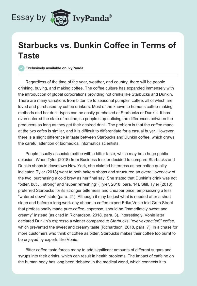 Starbucks vs. Dunkin Coffee in Terms of Taste. Page 1