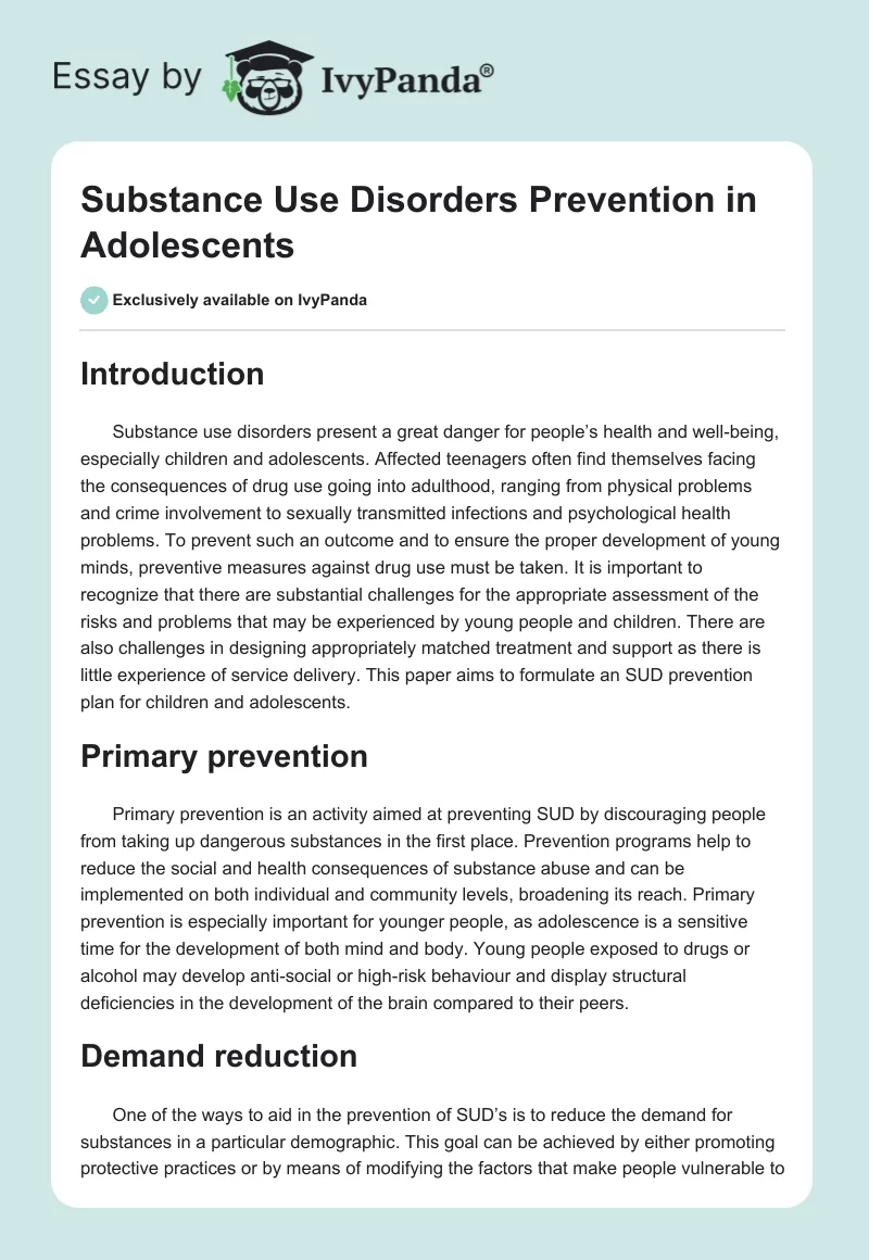 Substance Use Disorders Prevention in Adolescents. Page 1