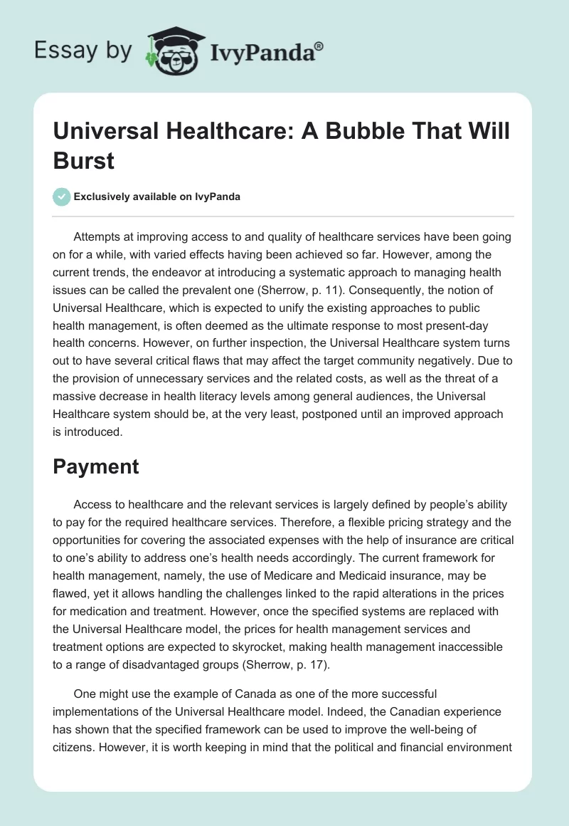 Universal Healthcare: A Bubble That Will Burst. Page 1