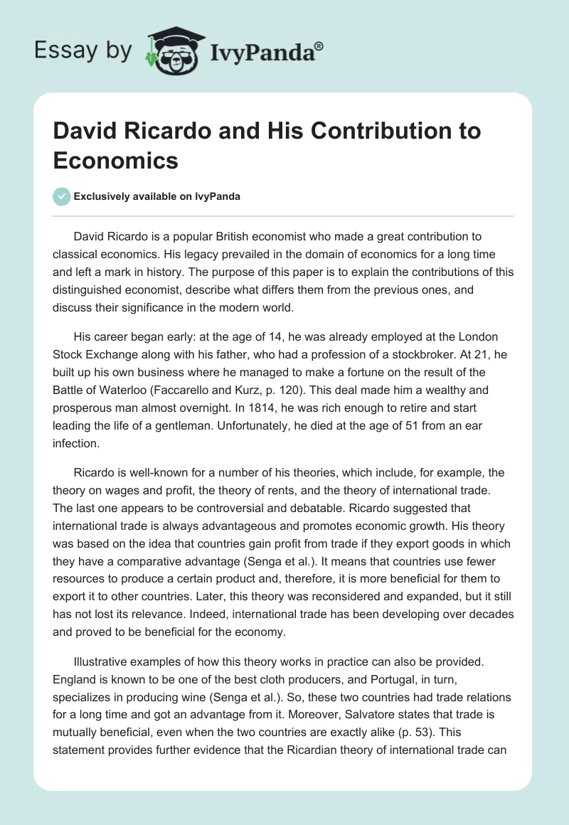 David Ricardo and His Contribution to Economics. Page 1