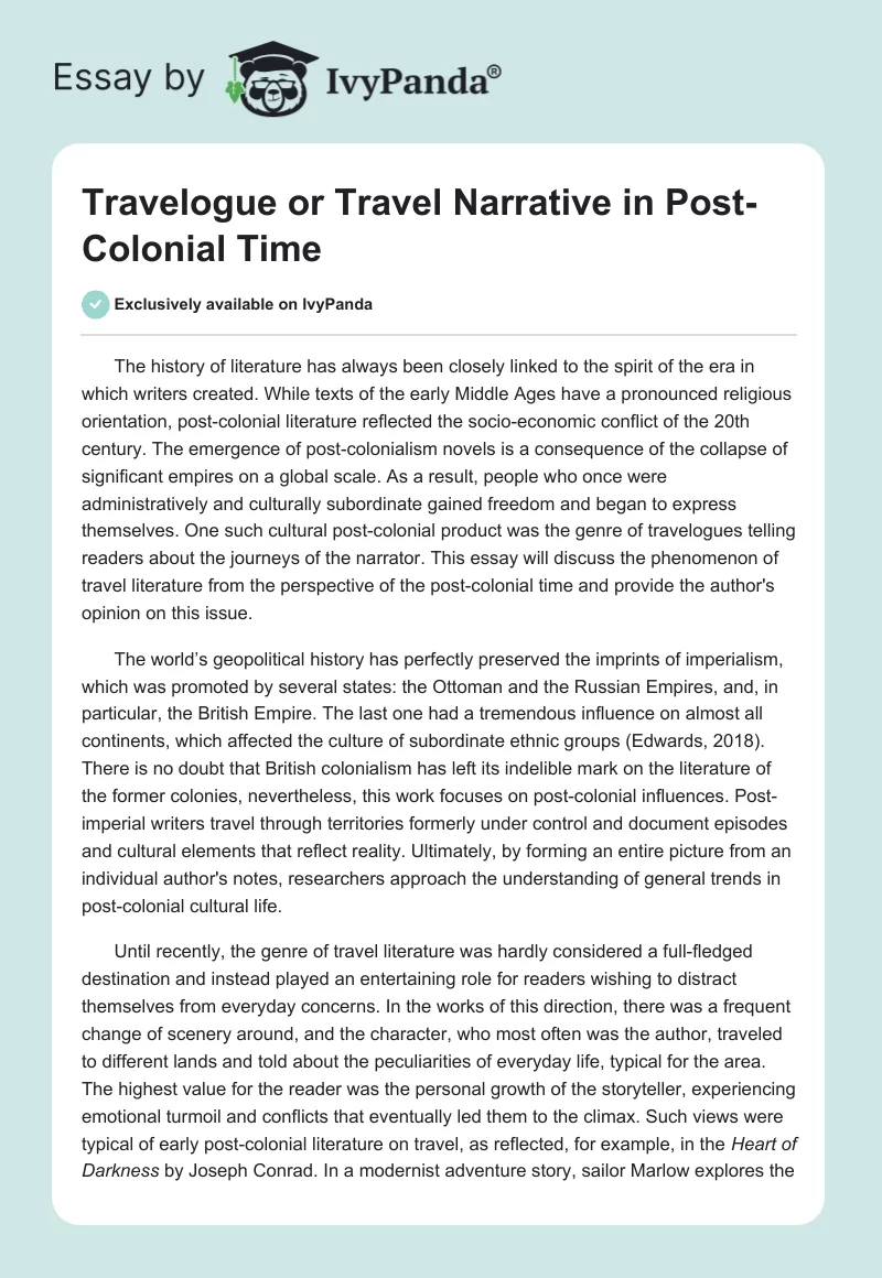 Travelogue or Travel Narrative in Post-Colonial Time. Page 1