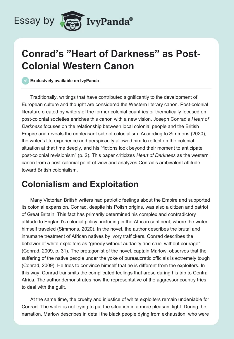 Conrad’s ”Heart of Darkness” as Post-Colonial Western Canon. Page 1