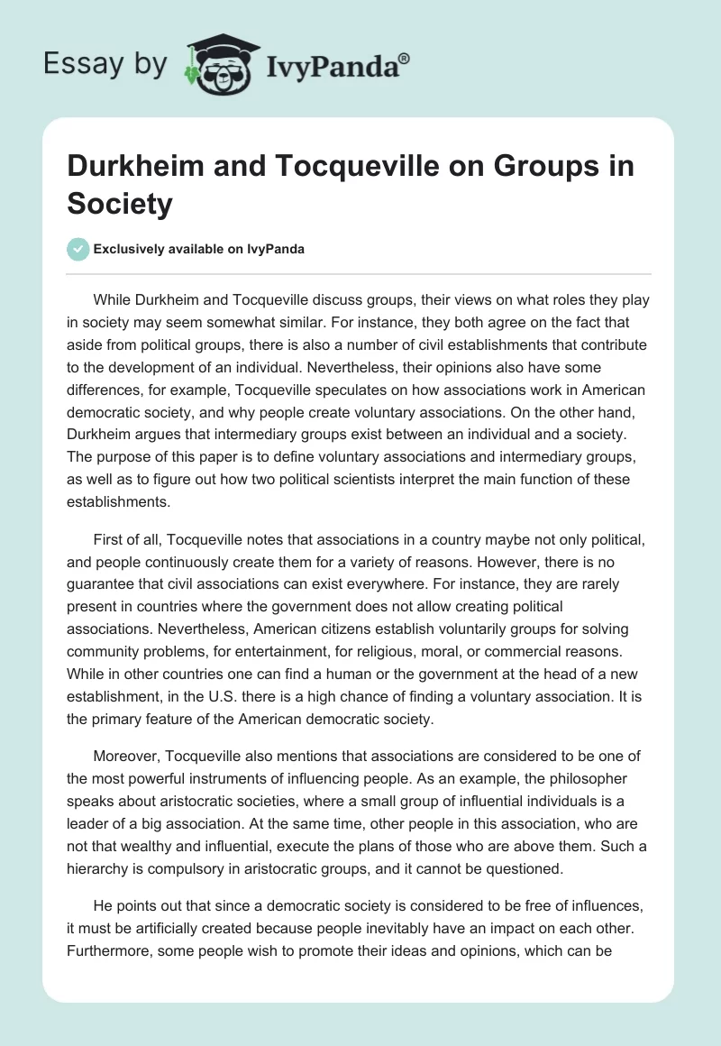 Durkheim and Tocqueville on Groups in Society. Page 1