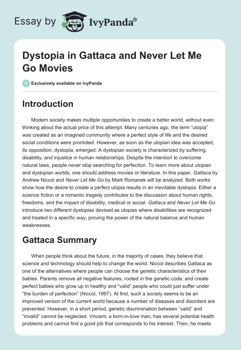 Dystopia in "Gattaca" and "Never Let Me Go" Movies. Page 1