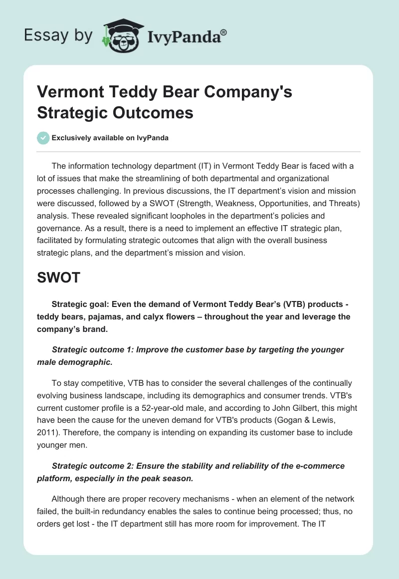 Vermont Teddy Bear Company's Strategic Outcomes. Page 1