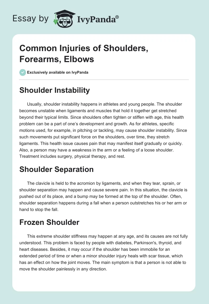 Common Injuries of Shoulders, Forearms, Elbows. Page 1