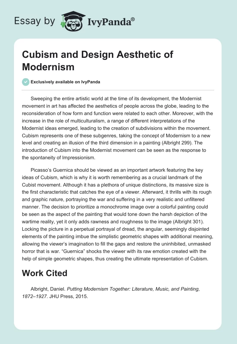 Cubism and Design Aesthetic of Modernism. Page 1
