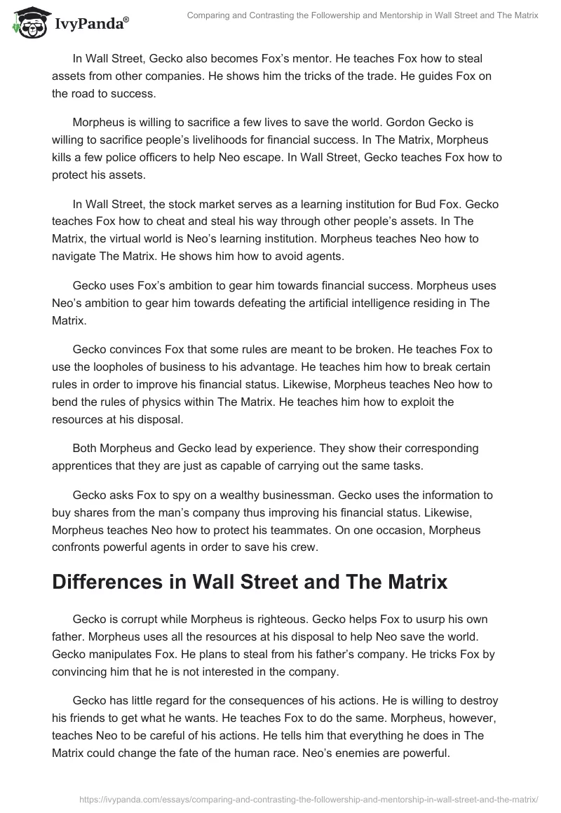 Comparing and Contrasting the Followership and Mentorship in "Wall Street" and "The Matrix". Page 2