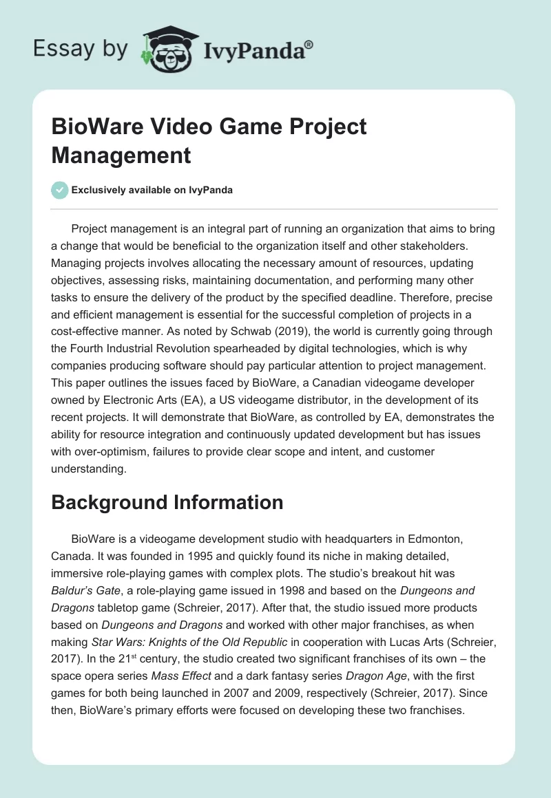 BioWare Video Game Project Management. Page 1