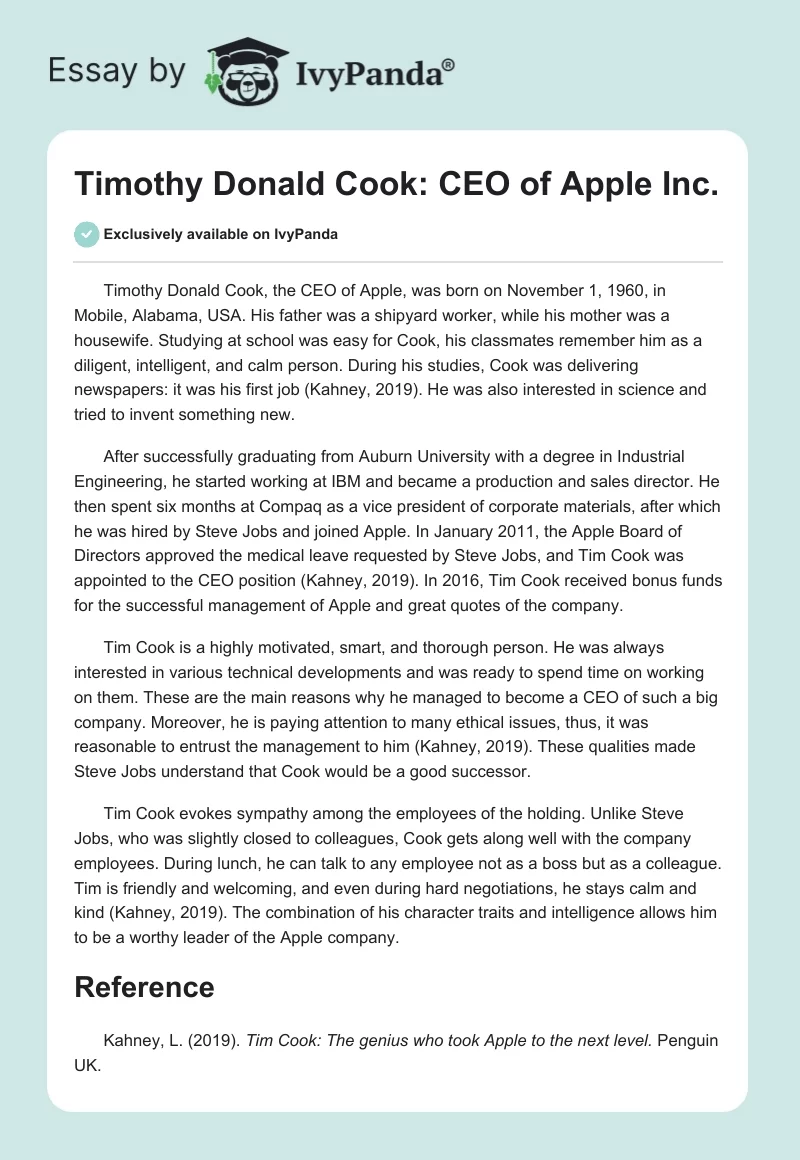 Timothy Donald Cook: CEO of Apple Inc.. Page 1