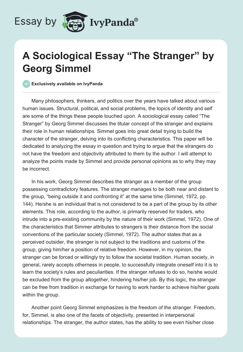 A Sociological Essay “The Stranger” by Georg Simmel. Page 1