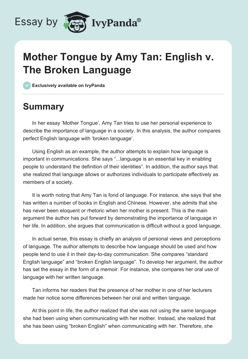 Mother Tongue by Amy Tan: English v. The "Broken Language". Page 1