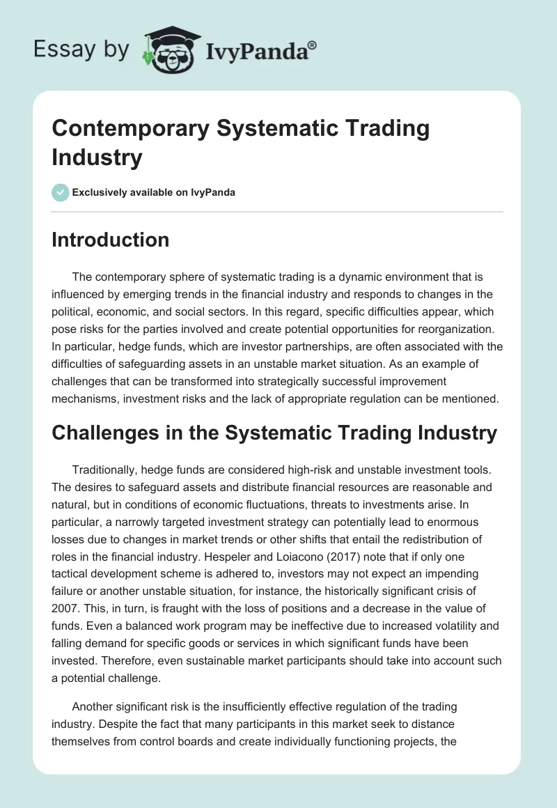 Contemporary Systematic Trading Industry. Page 1