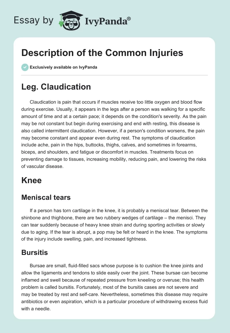 Description of the Common Injuries. Page 1