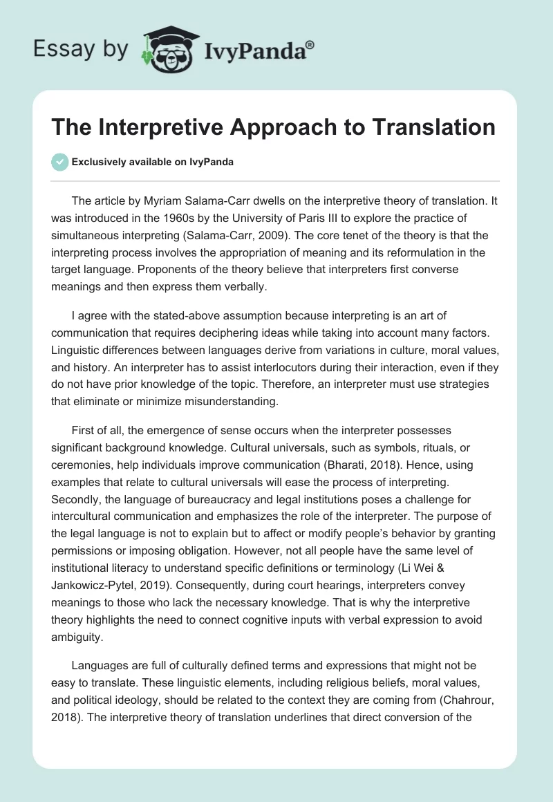 The Interpretive Approach to Translation. Page 1