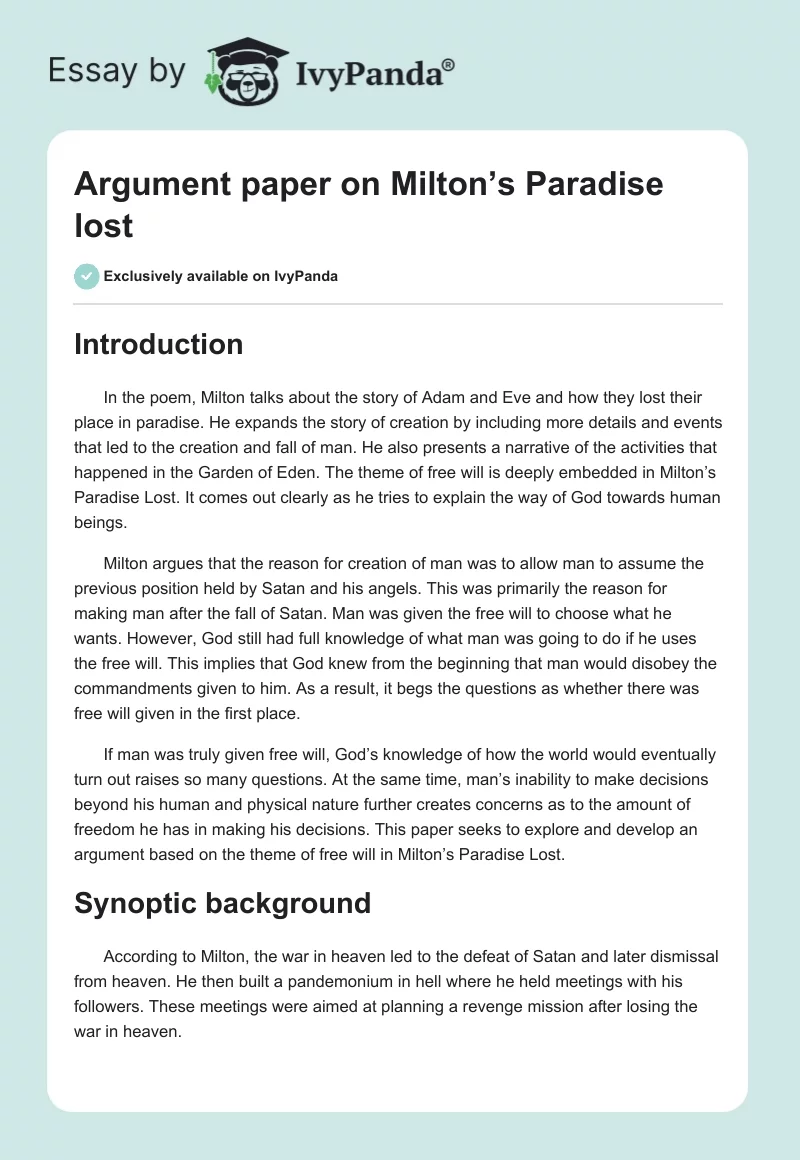 Argument Paper on Milton’s Paradise Lost. Page 1