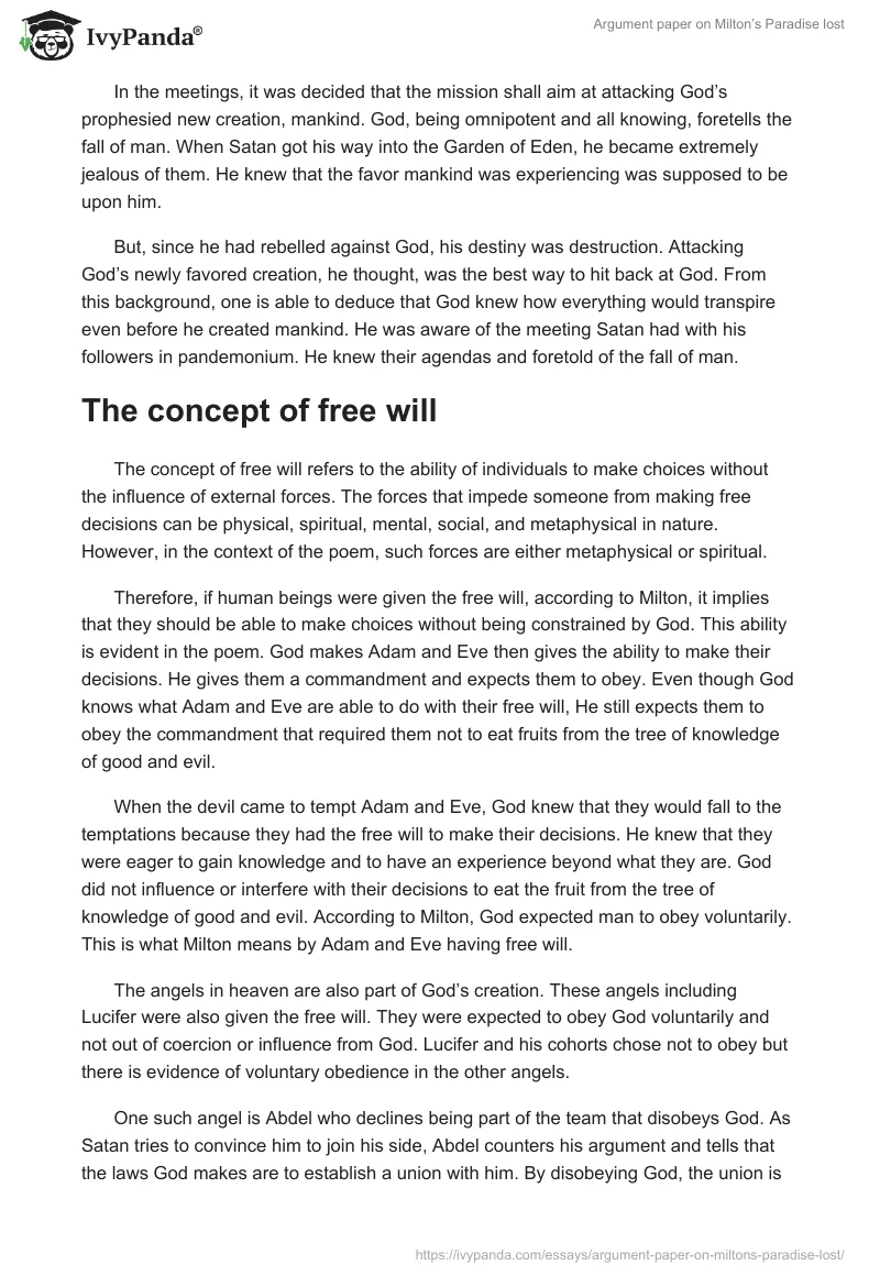Argument Paper on Milton’s Paradise Lost. Page 2