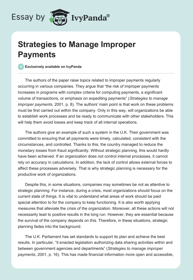 Strategies to Manage Improper Payments. Page 1
