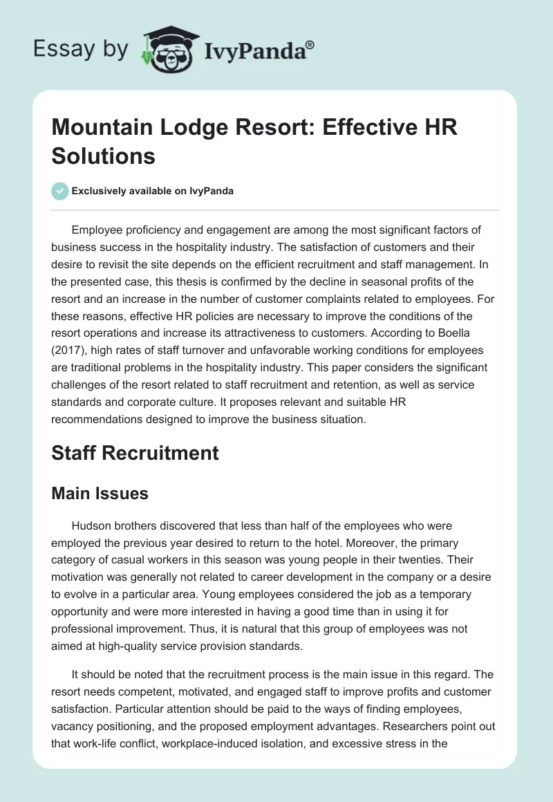 Mountain Lodge Resort: Effective HR Solutions. Page 1