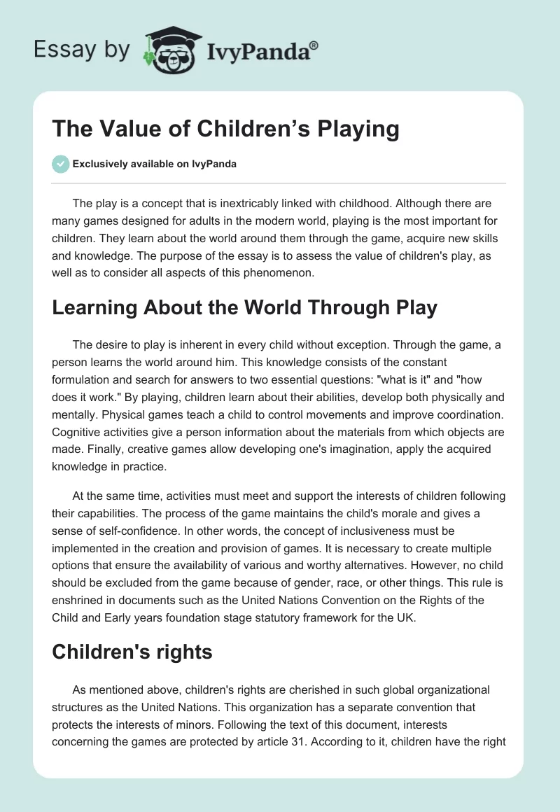 The Value of Children’s Playing. Page 1