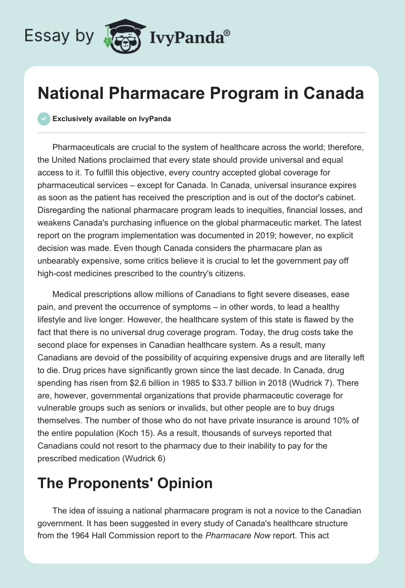 National Pharmacare Program in Canada. Page 1