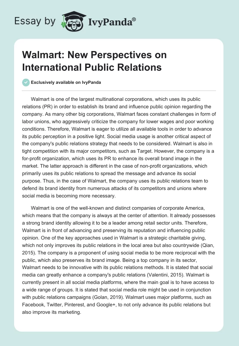 Walmart: New Perspectives on International Public Relations. Page 1