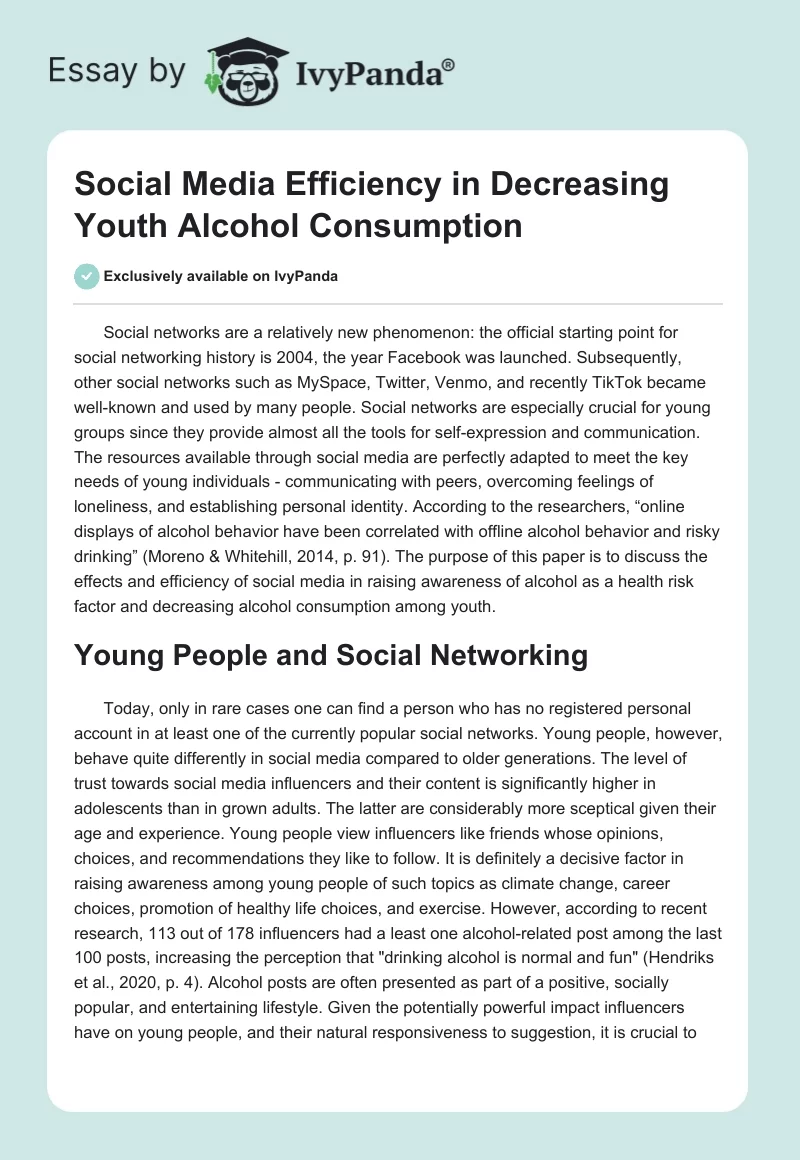 Social Media Efficiency in Decreasing Youth Alcohol Consumption. Page 1