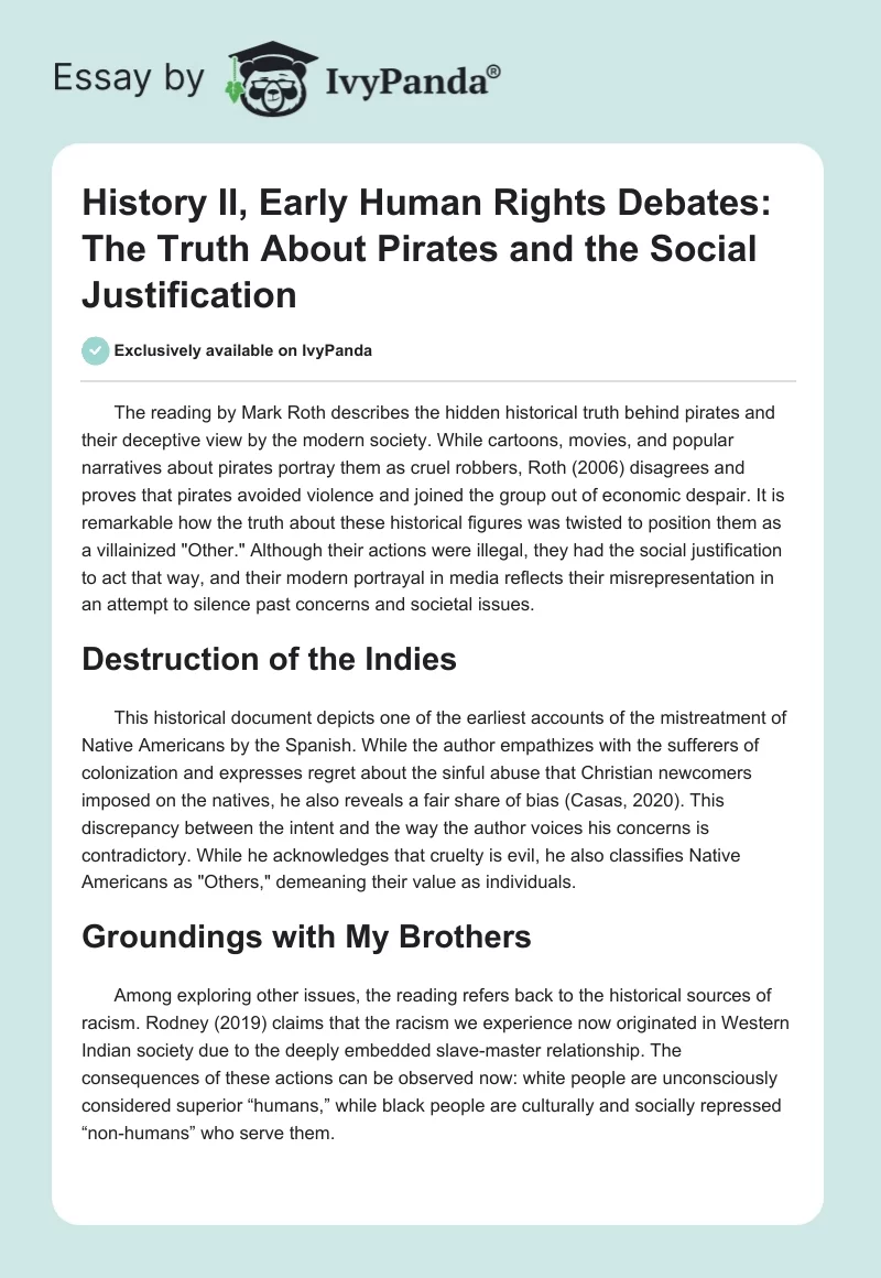 History II, Early Human Rights Debates: The Truth About Pirates and the Social Justification. Page 1
