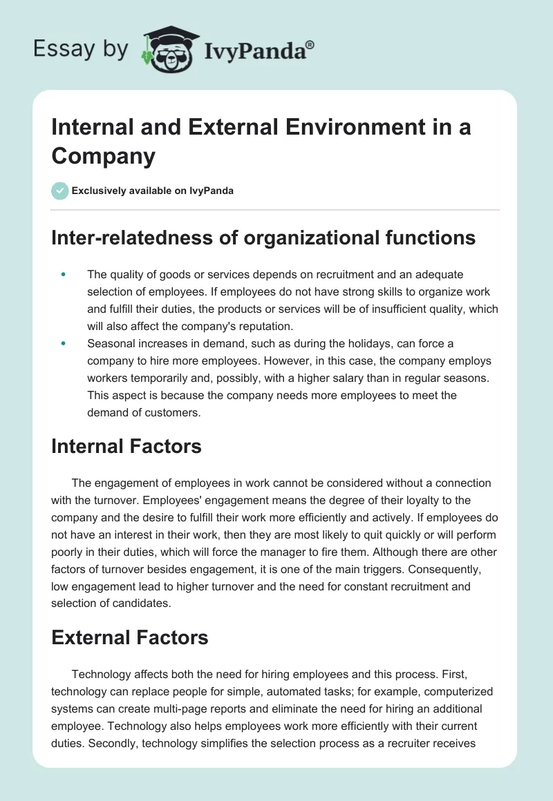 Internal and External Environment in a Company. Page 1