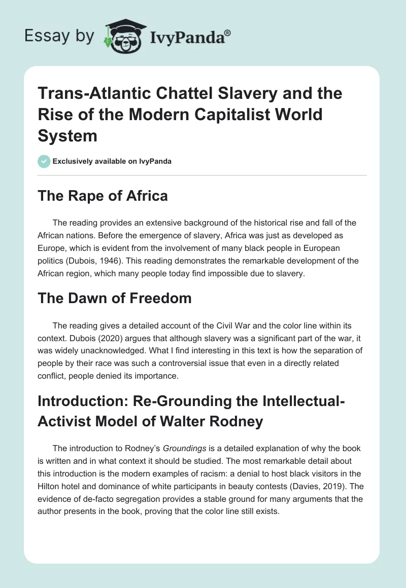 Trans-Atlantic Chattel Slavery and the Rise of the Modern Capitalist World System. Page 1