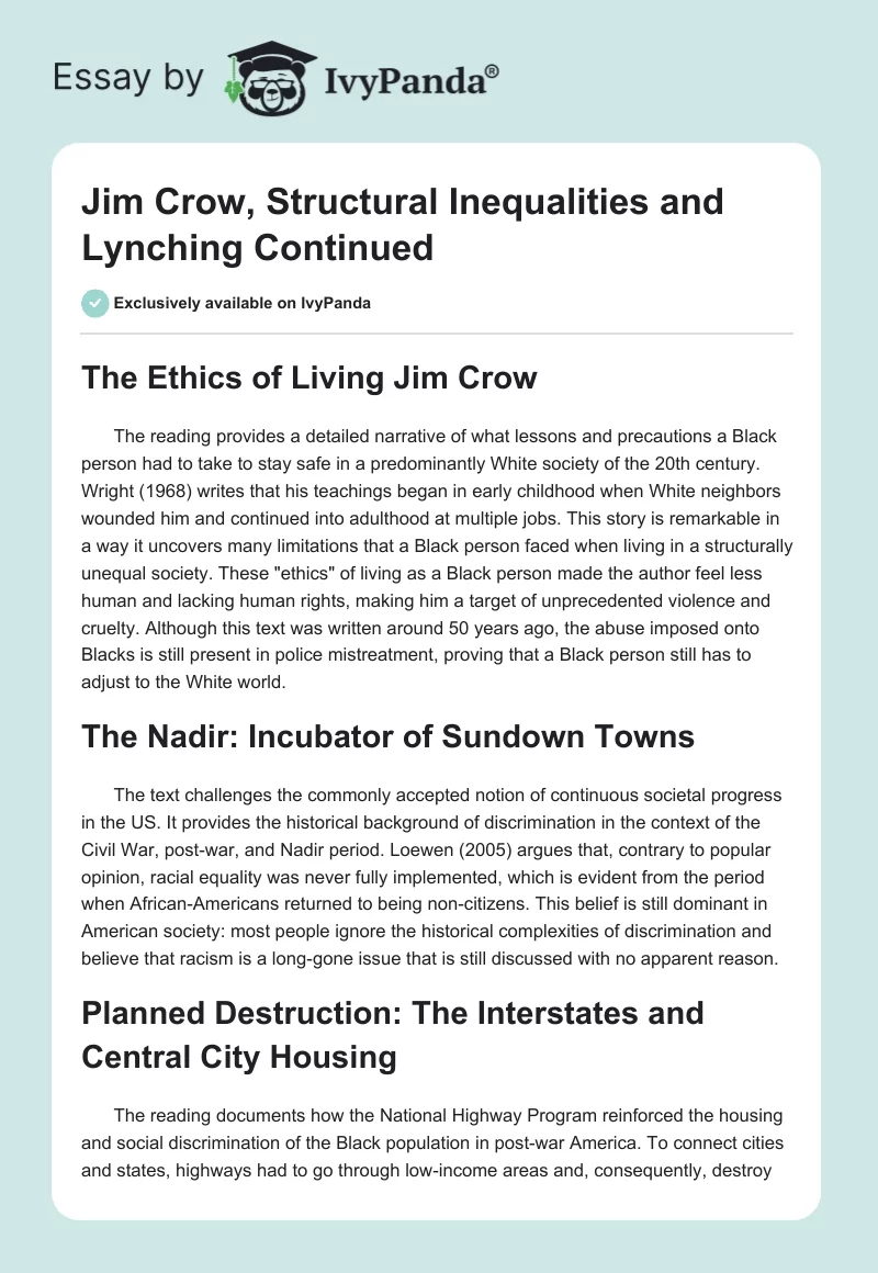 Jim Crow, Structural Inequalities and Lynching Continued. Page 1