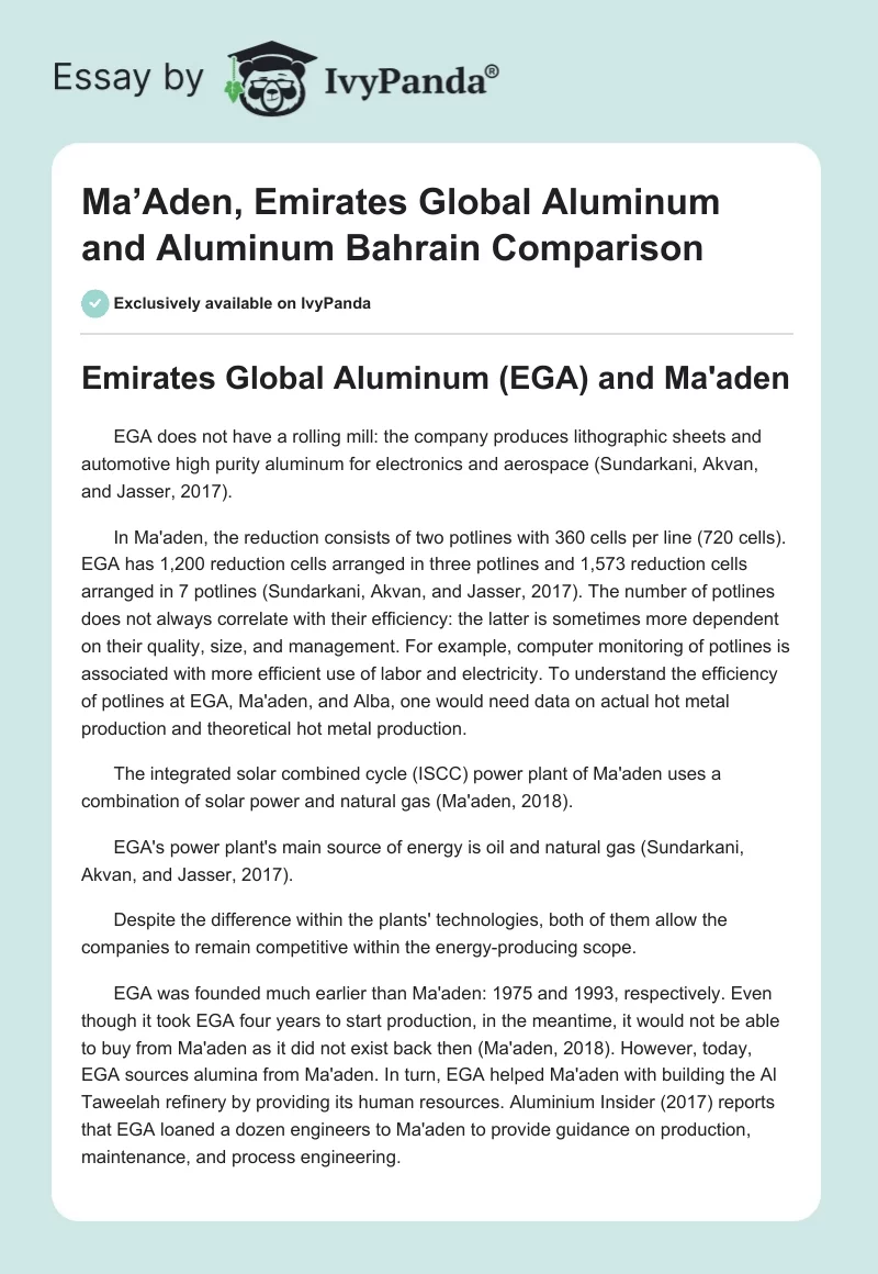 Ma’Aden, Emirates Global Aluminum and Aluminum Bahrain Comparison. Page 1