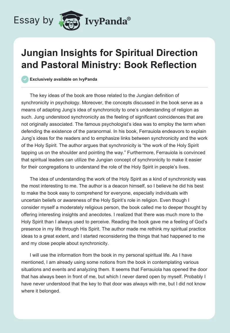 Jungian Insights for Spiritual Direction and Pastoral Ministry: Book Reflection. Page 1