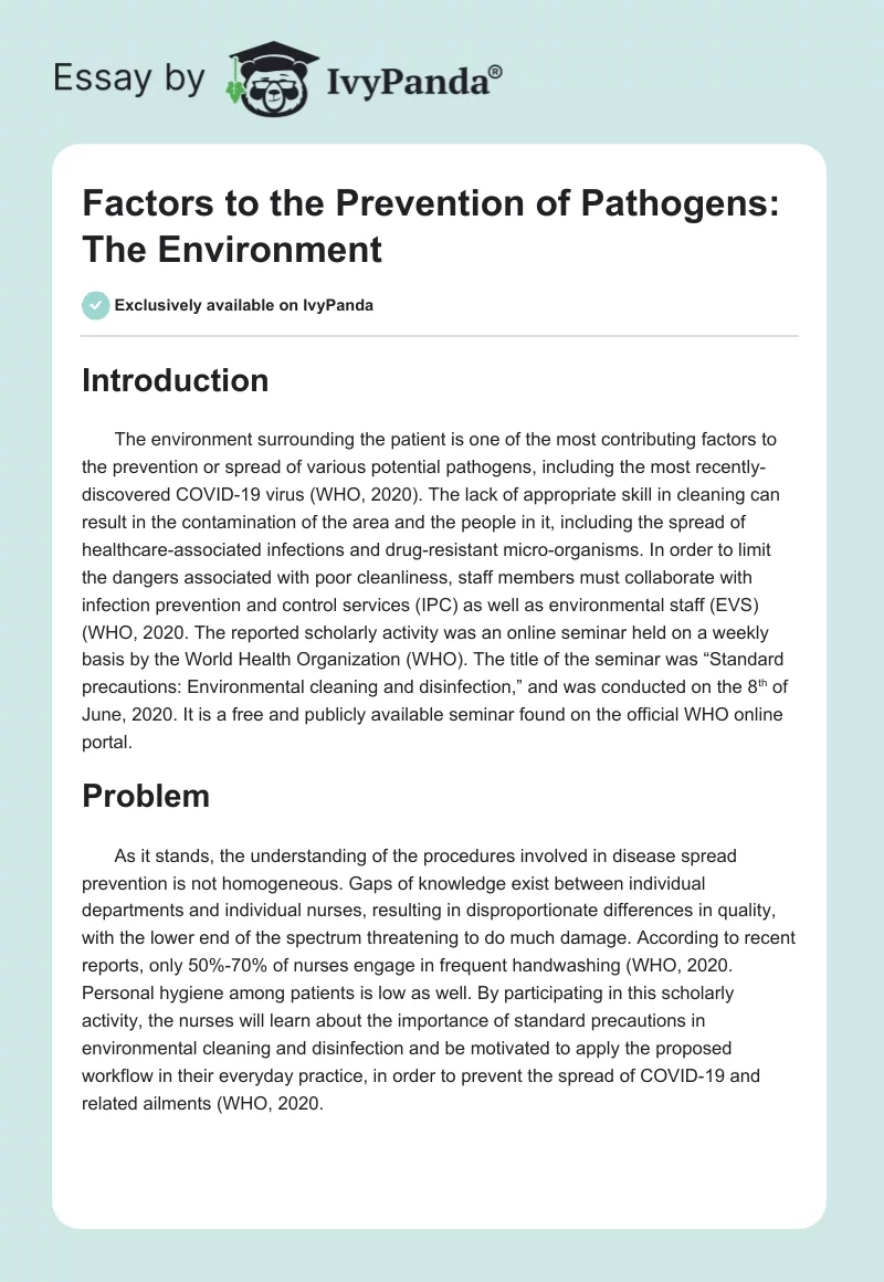 Factors to the Prevention of Pathogens: The Environment. Page 1
