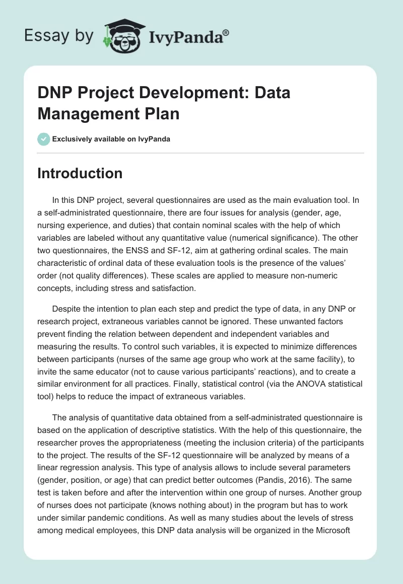 DNP Project Development: Data Management Plan. Page 1