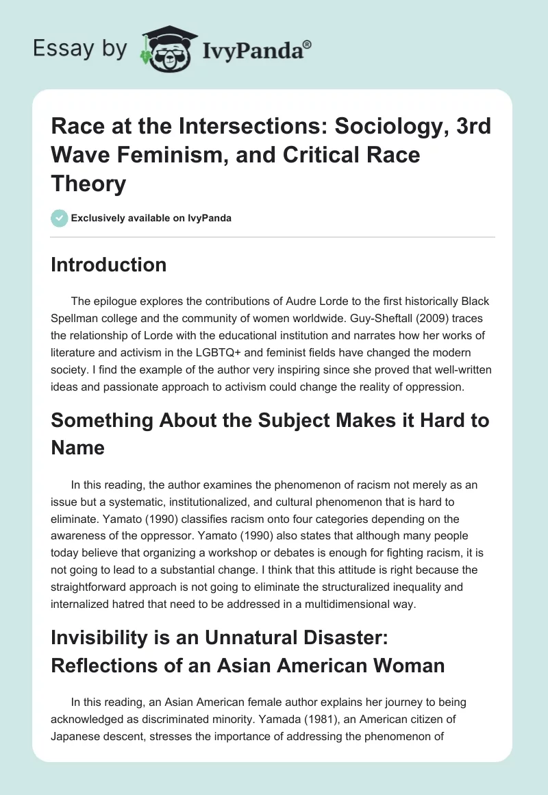 Race at the Intersections: Sociology, 3rd Wave Feminism, and Critical Race Theory. Page 1