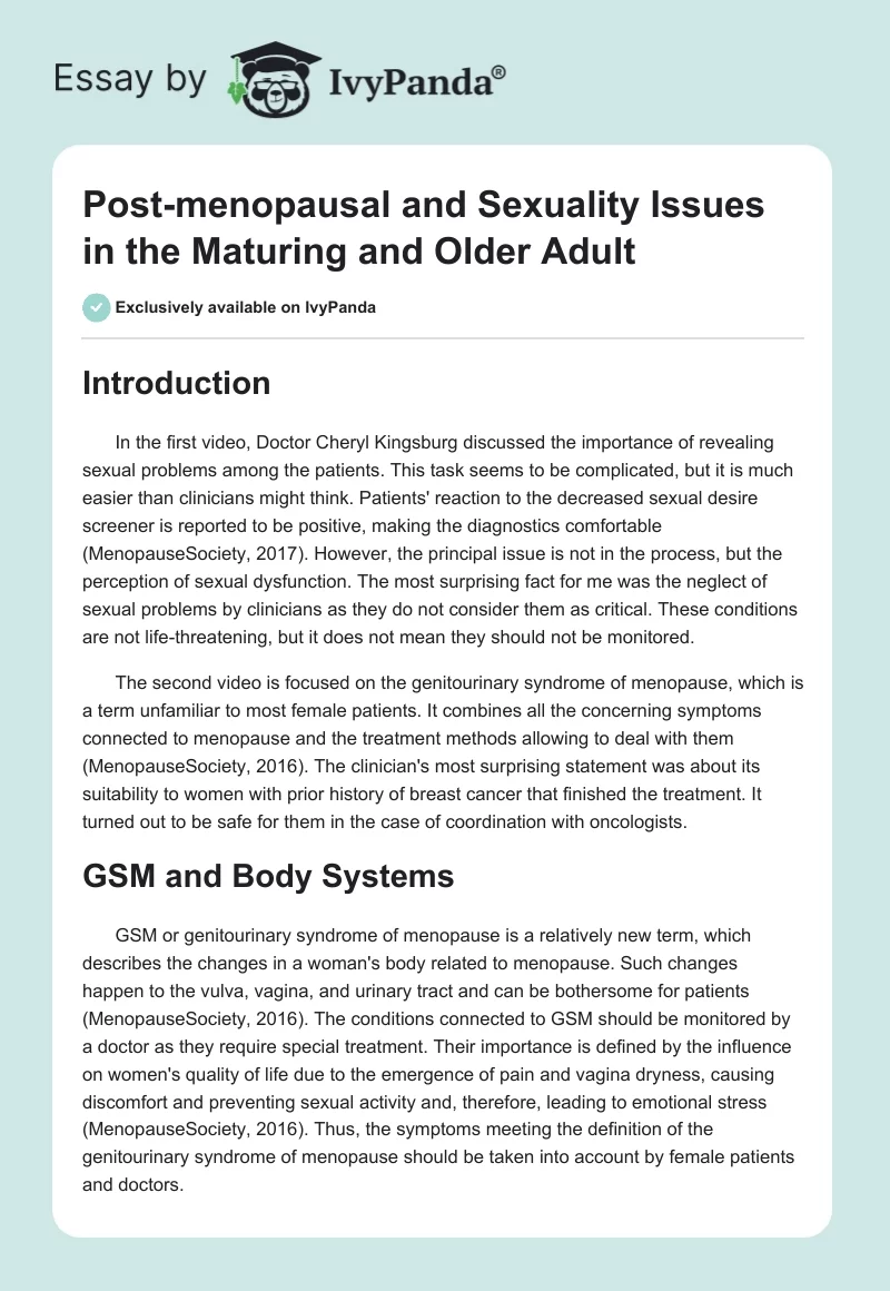 Post-menopausal and Sexuality Issues in the Maturing and Older Adult. Page 1